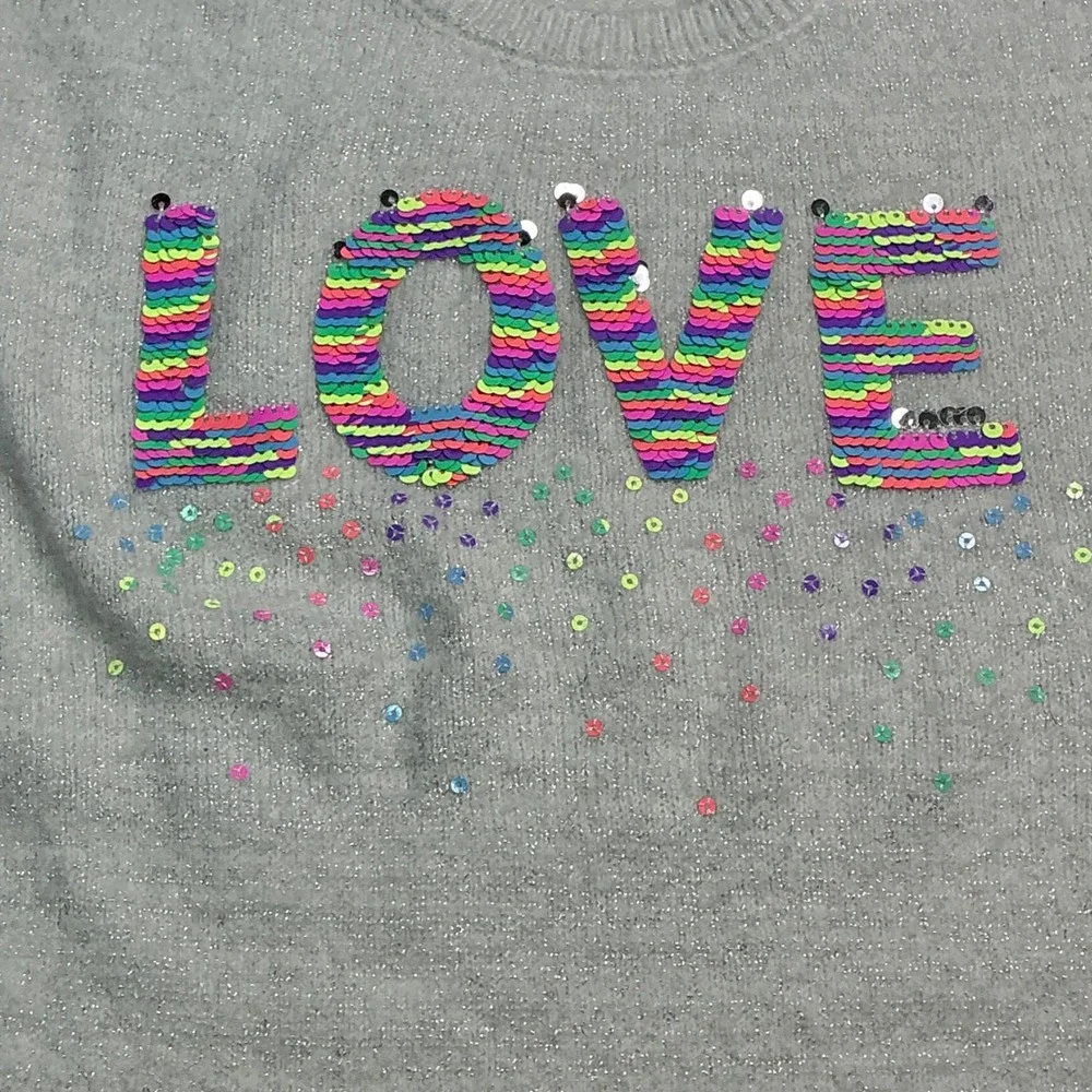 The Children's Place Grey Shimmer LOVE Sweater Girls Size 14 XL Rainbow Sequin